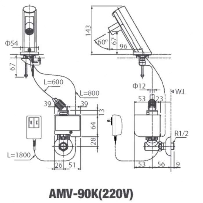 Bản Vẽ Kỹ Thuật Vòi Lavabo Cảm Ứng Inax AMV-90K (220V)