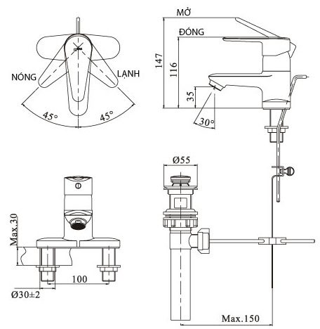 Vòi lavabo nóng lạnh Inax LFV-1101S-1 3 lỗ