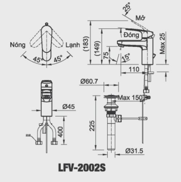Bản Vẽ Kỹ Thuật Vòi Lavabo Nóng Lạnh Inax LFV-2002S