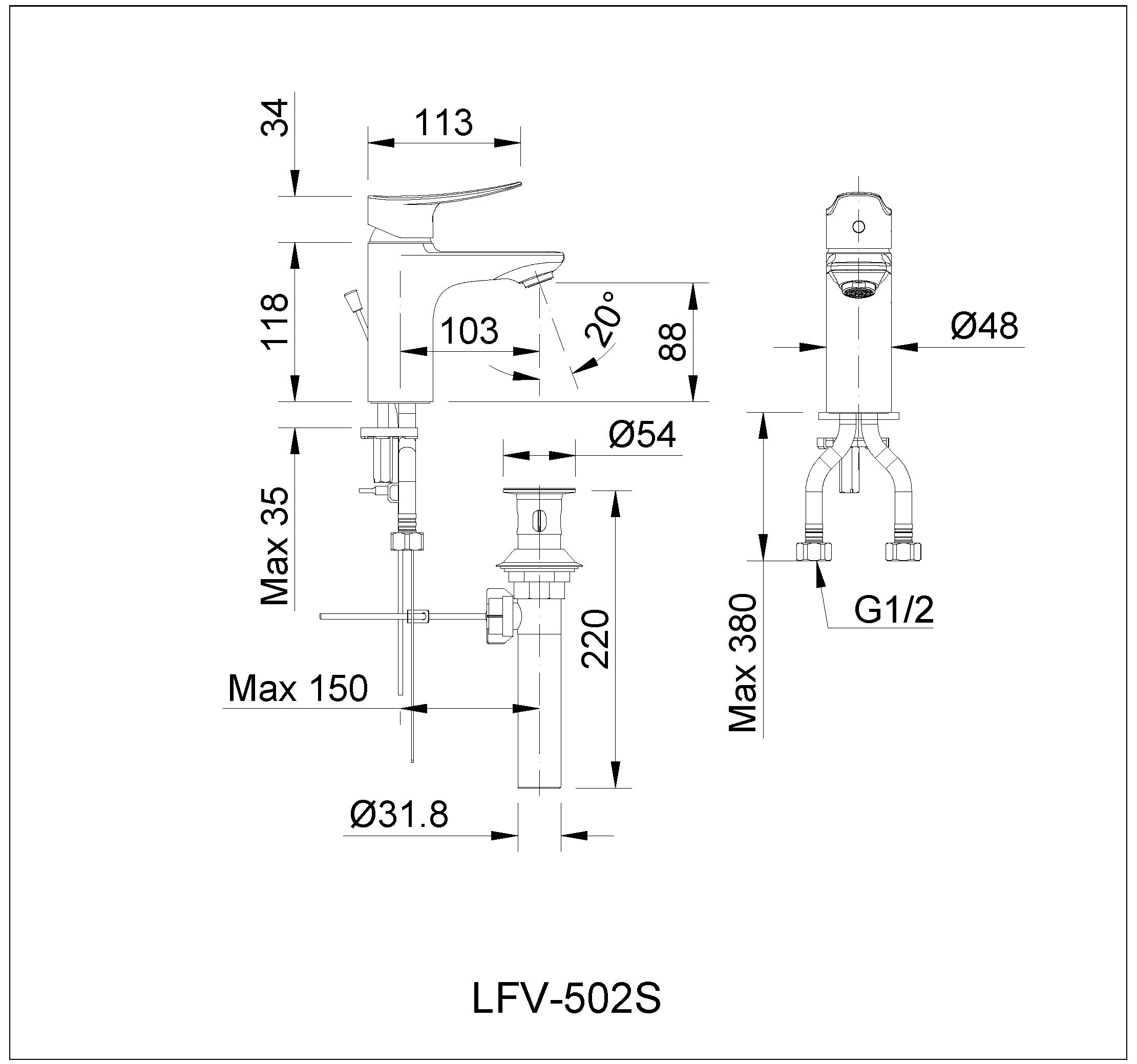 Bản Vẽ Kỹ Thuật Vòi Lavabo Nóng Lạnh Inax LFV-502S