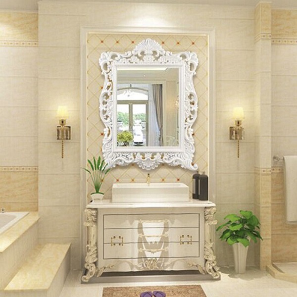 Mẫu tủ chậu lavabo và gương tân cổ điển đẹp sử dụng tông màu vàng nhạt