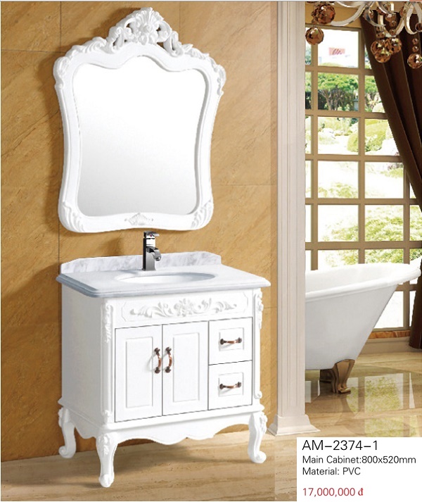  bộ tủ chậu lavabo và gương phong cách tân cổ điển màu trắng