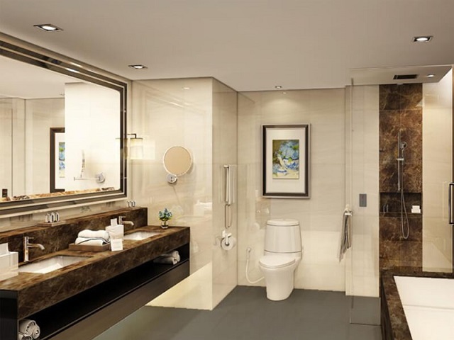 Mẫu chậu lavabo âm bàn đá mang đến nét sang trọng cho phòng tắm khách sạn