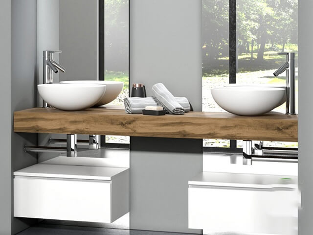 Bộ đôi bồn rửa mặt tròn đặt bàn nhỏ gọn và tiện dụng phù hợp với không gian phòng tắm có diện tích nhỏ hẹp