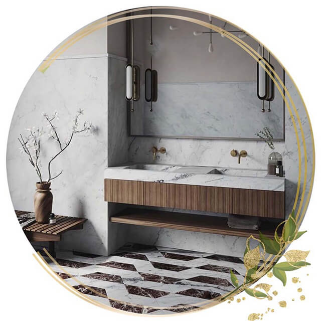 Phòng tắm này sử dụng mẫu bồn rửa tay đôi âm bàn kết hợp với vòi chậu gắn tường tăng thêm sự tinh tế, nổi bật cho không gian